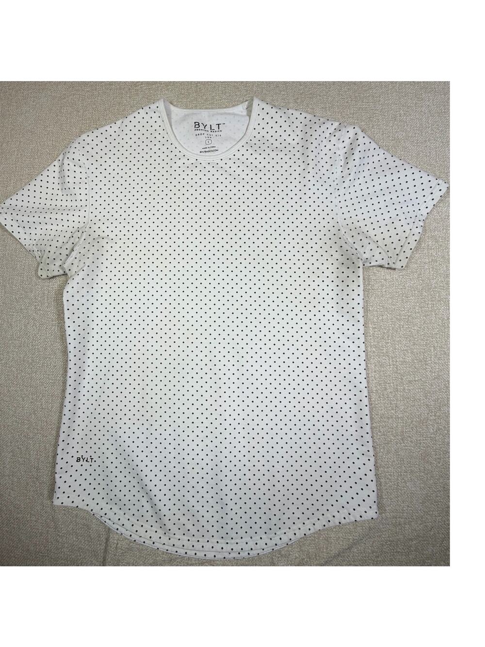BYLT Women's L White Black Polka Dot Drop Cut Short Sleeve T Shirt Basics Casual
